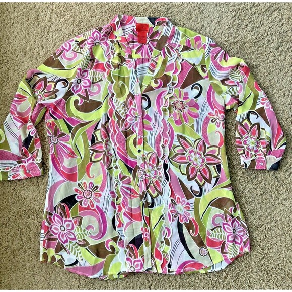 V Christina Women Sheer Long Sleeved Blouse Top Floral Rhinestone 70s size Large - Picture 4 of 10